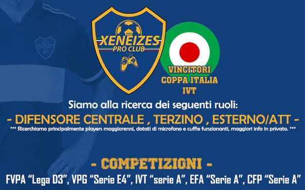 Xeneizesproclub's tweet photo. Ricerchiamo nei seguenti ruoli: 

Dc abile sia nella difesa a 4 che nella difesa a 3 
Terzino/esterno abile in fase difensiva e offensiva 
Attaccante finalizzatore

Chi interessato ci contatti in privato 📩

@PROCLUB_ITALY @ProclubP @ProProcuratore @Mercato_FVPA @OffSidePage_ https://t.co/dEYerdphsH