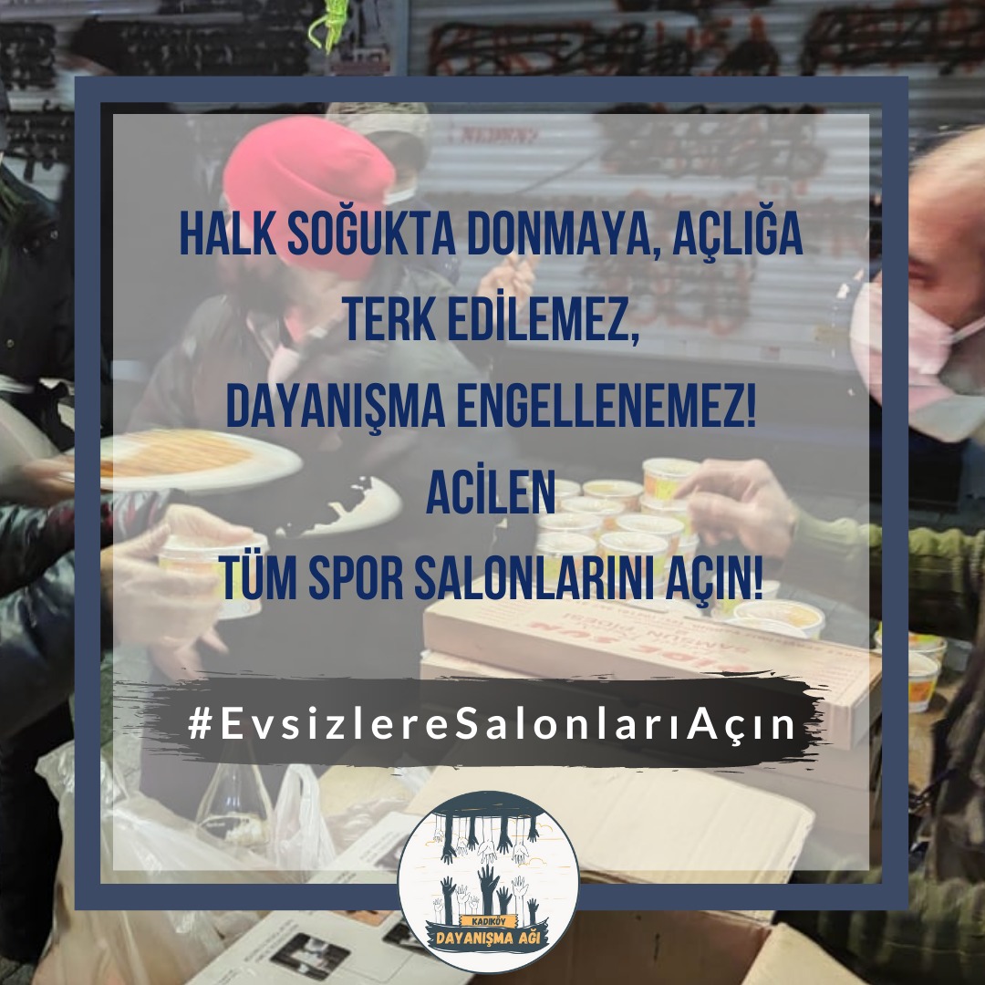 Sokakta hava sıcaklığı sıfırın altında ve sokakta yaşayan insanlar donma tehlikesiyle karşı karşıya.

Dün Kadıköy'de sokakta yaşayan bir canımızın soğuktan donarak öldüğünü öğrendik. 

Baska canlar gitmesin

#EvsizlereSalonlarıAçın