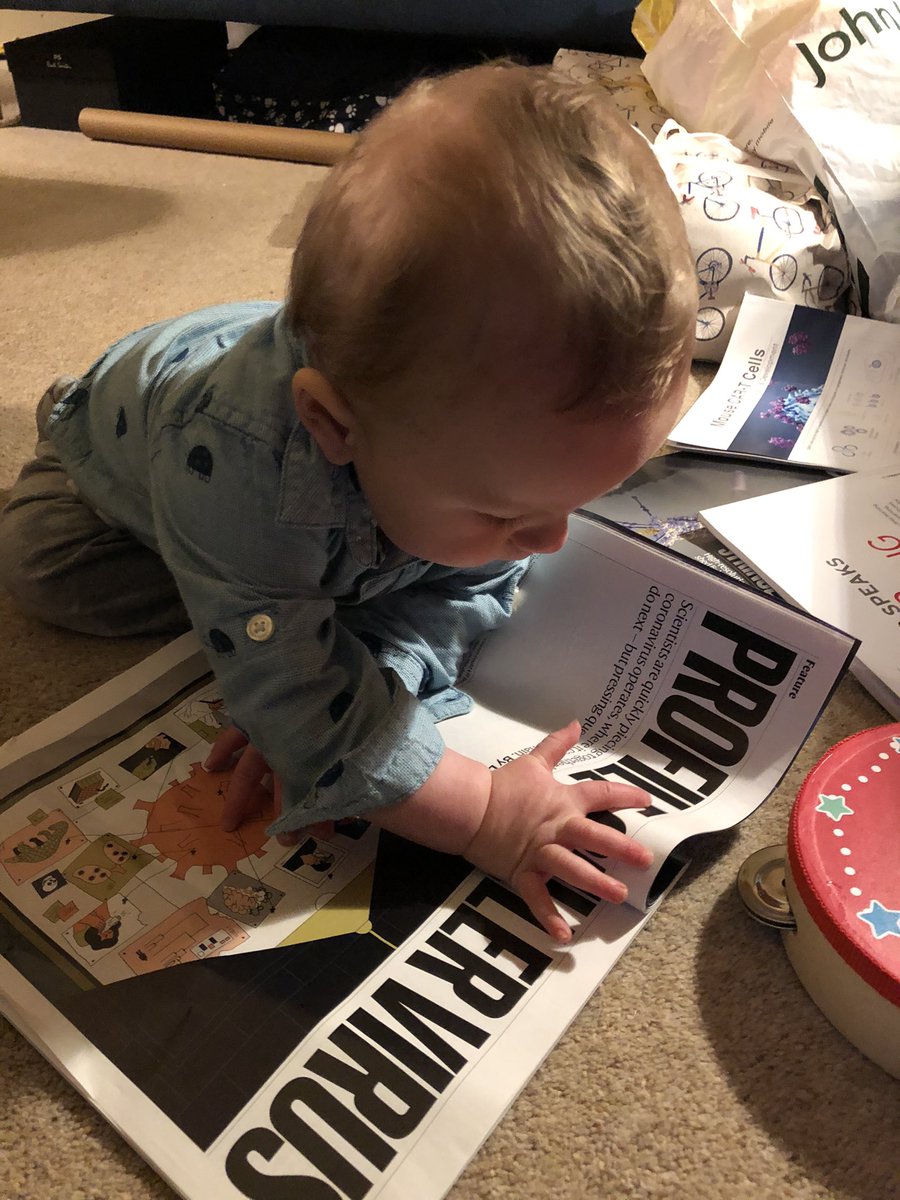 hannahroddie's tweet photo. Found George raiding through (and attempting to eat) my @nature journal collection the other day, and he starts telling me about some horrible virus that’s going round. Who knew?! #babiesinSTEM https://t.co/WcVKoXnBu8