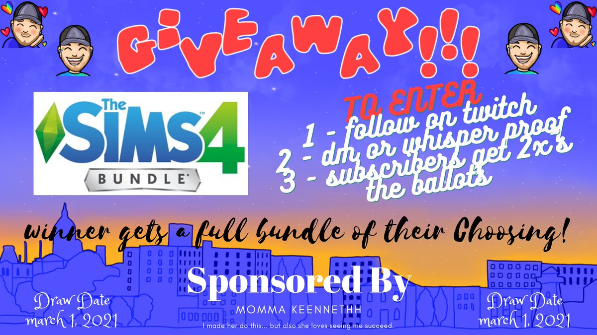kenyouknot's tweet photo. So as most of you know IM DOING A GIVEAWAY because my momma wants to see me shine (her words not mine) but I've allllso decided that if you're in stream and use the command !giveaway it will give you extra ballots! The prize is a FULL BUNDLE of your choosing in #sims4 https://t.co/P7D7LwHCII