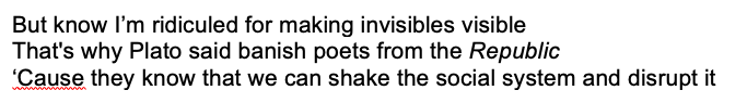 Rappers have also referenced other parts of the Republic. For example, in his ‘Neoliberalism Kills People’,  @Lowkey0nline comments on Plato’s banishment of (the wrong sort of) poets and poetry in book 2 and 3. 
