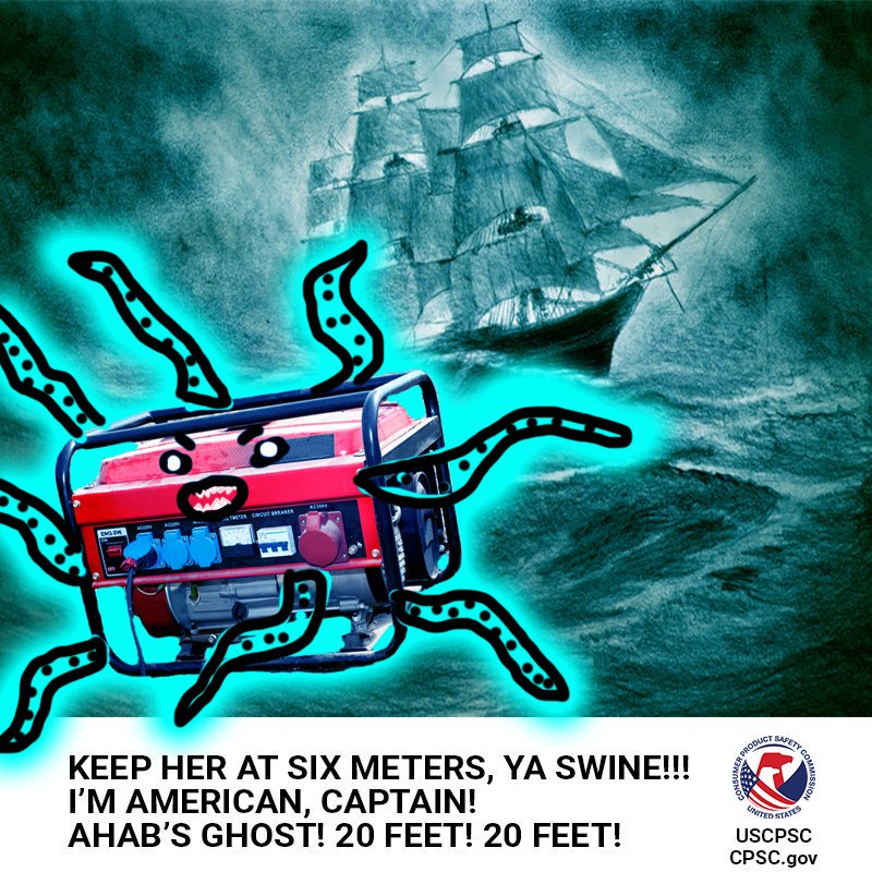 A leviathan portable generator being chased by a sailing ship in a storm. The text reads: Keep her at six meters, ya swine!" A person replies, "I'm American, Captain!" Ahab's ghost! 20 feet! 20 feet! 
