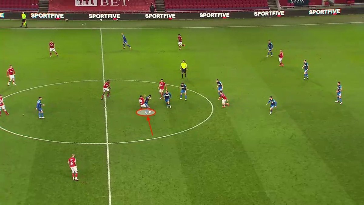 A loose ball in the centre circle, Martin battling away. Vyner anticipates where the ball might end up and is starting to shape towards the ball and Sinclair (pic1). He then muscles Sinclair out of possession (pic2).