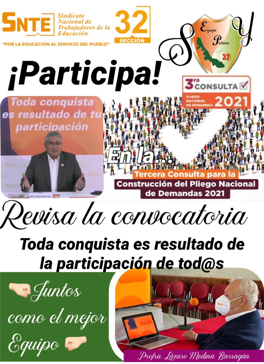 Lazaro_MedinaB's tweet photo. #TodosSomosUno 🙋‍♀️🙋🙋‍♂️

Tu voz es la voz del 🗣 #SNTE Haz que tu opinión cuente y construyamos juntos el #PND2021 📜 Toda conquista es resultado de tu participación 👉Mtro. Alfonso Cepeda Salas ‼️Súmate y participa‼️
#SNTE32 #EquipoPolítico
Convocatoria 👉 https://t.co/Hvf0UmWFRs https://t.co/Ekb7oQNVhx