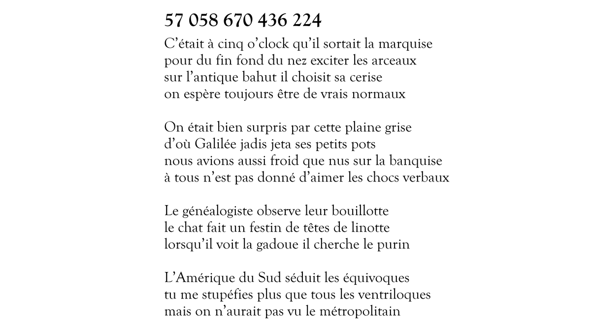 Voici le sonnet 57 058 670 436 224 sur 100 000 000 000 000. Il en reste 99 999 999 998 432 à tweeter. https://t.co/4hGV6SYANG