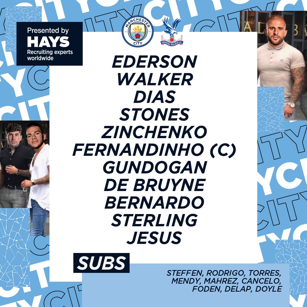 ManCity's tweet image. How 𝘁𝗵𝗲 𝗹𝗮𝗱𝘀 line-up tonight! 🙌

XI | Ederson, Walker, Dias, Stones, Zinchenko, Fernandinho (C), Gundogan, De Bruyne, Bernardo, Sterling, Jesus 

SUBS | Steffen, Rodrigo, Torres, Mendy, Mahrez, Cancelo, Foden, Delap, Doyle

⚽️ @HaysWorldwide 
🔷 #ManCity