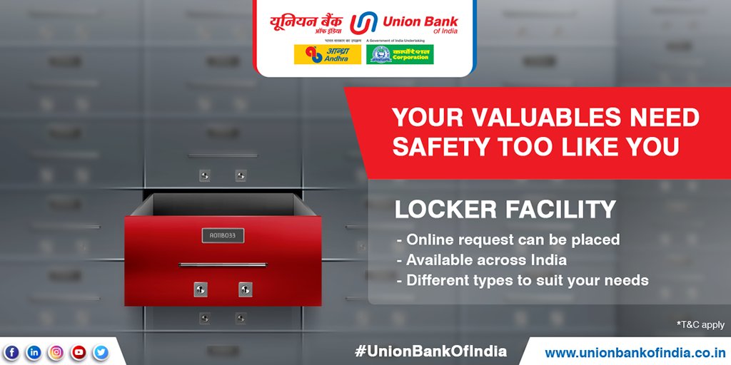 UnionBankTweets's tweet photo. Keep your valuables safe with #UnionBankOfIndia locker facility! Opt for a convenient and secure way. Apply online: https://t.co/j2VDfaIF59 https://t.co/GHK0TmOls8