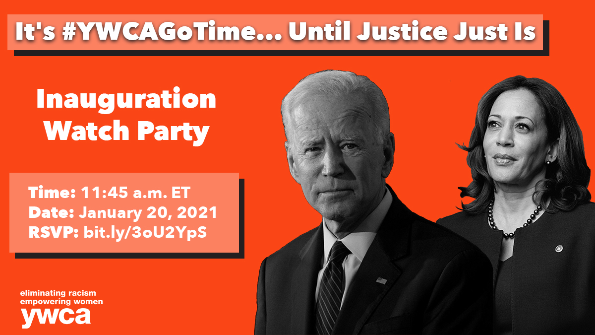 YWCAUSA's tweet photo. On Wednesday, grab your popcorn and join us and the YWCA network as we commemorate the #inauguration of President-elect Joe Biden and Vice President-elect Kamala Harris and kick off our 2021 advocacy efforts. It’s #YWCAGoTime https://t.co/qRulgCTrmI https://t.co/1JDfmhj5bS