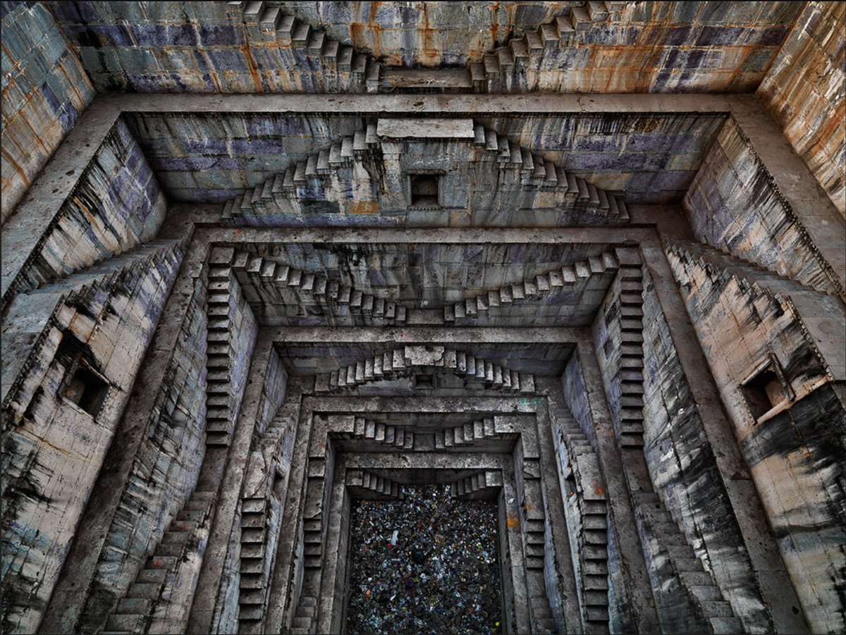 19.  Indian stepwells, also known regionally as 'vav', 'baori', 'baoli', and 'bawadi', are structures that, in the first place, helped harvest water but were also used as subterranean temples and pleasure retreats[Photographs by Edward Burtynsky and Victoria Lautman]