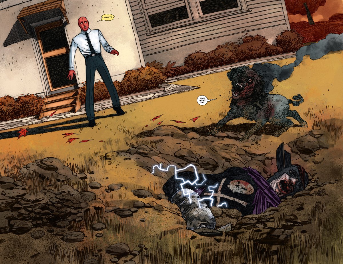 Je ne m’attendais pas à voir ce clin d’œil, mais le personnage du Grim Reaper, assez central au run de  @TomKingTK & Gabriel Hernandez Walta peut être aperçu enterré sous la maison de Wanda et Vision.