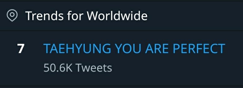 myonlyTAEger's tweet photo. [UPDATE] "TAEHYUNG YOU ARE PERFECT" has now surpassed 50,000 tweets and currently trending at No. 7 spot in 🌐 Worldwide trends https://t.co/lxQUoYfvHX