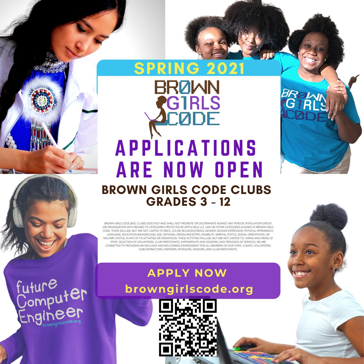 BrownGirlsCode's tweet photo. Brown Girls Code Club Applications are open for Spring 2021 for Grades 3-12. 
100% Virtual; Open to Girls in U.S. #browngirlscode APPLY NOW.
#retweet https://t.co/9NSRV64lZ2