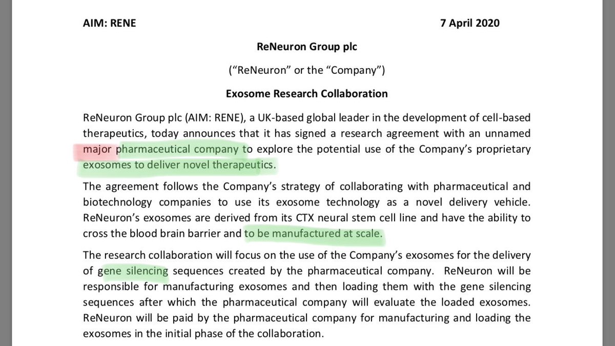  #RENEExosome Collaboration Deals to date includeMAJOR PharmaMAJOR BiotechIncluding research grants from Innovative UK Demand for their Exosome platform currently OUTSTRIPPING their functional capacity showing this delivery mechanism to potentially be breakthrough