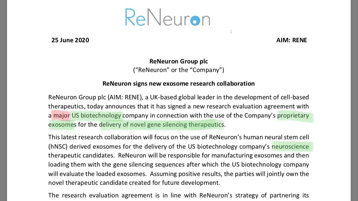  #RENEExosome Collaboration Deals to date includeMAJOR PharmaMAJOR BiotechIncluding research grants from Innovative UK Demand for their Exosome platform currently OUTSTRIPPING their functional capacity showing this delivery mechanism to potentially be breakthrough