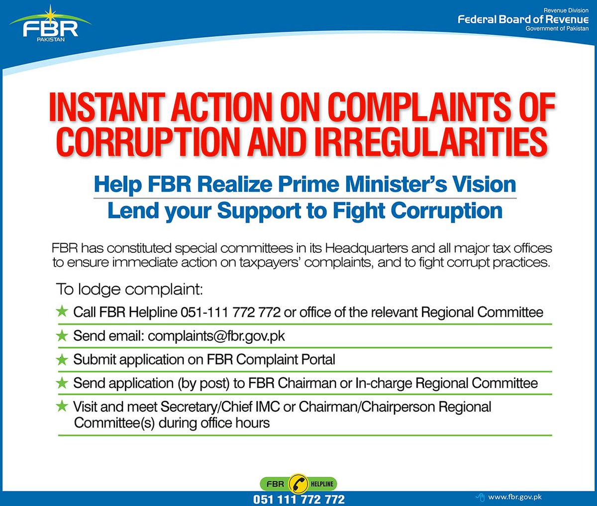 FBRSpokesperson's tweet photo. FBR has devised an effective mechanism to promptly resolve Complaints on corruption and irregularities. Contact FBR through any following mentioned means: @MJavedGhani @GovtofPakistan @a_hafeezshaikh @FinMinistryPak https://t.co/8hCXqUvqoz