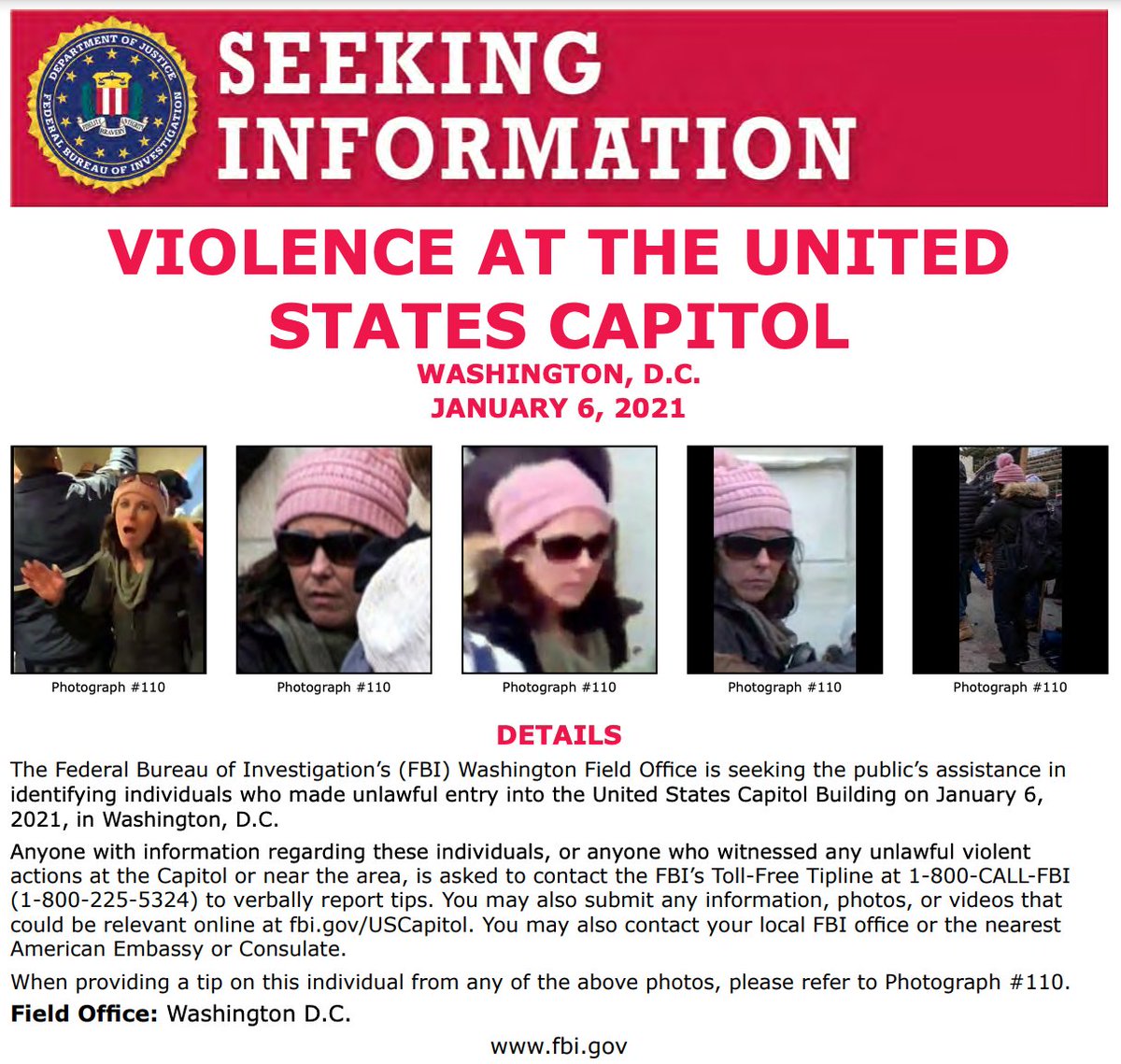 This woman, who wore a pink hat and sunglasses to the riot, gets her own personal FBI wanted poster. fbi.gov/wanted/seeking…