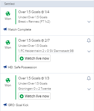 First 3 in loads in play now 

Brest v Rennes (FT 1v2)✔️
FC Heidenheim 2 v 0 SV Darmstadt 98✔️
Groningen 0 v 2 Twente✔️

Come on lets get one in today!!!
