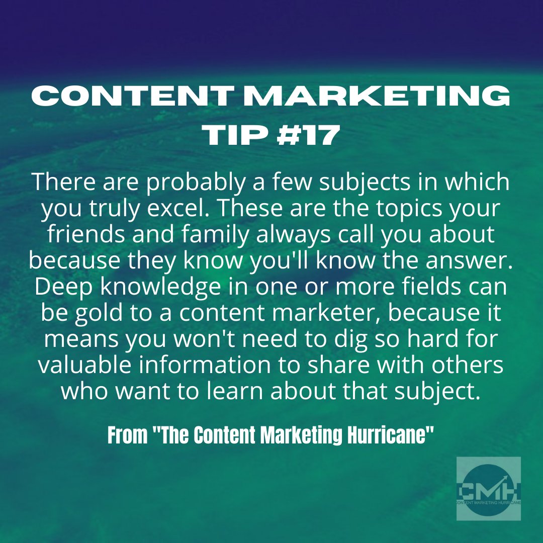 ContentClasses's tweet photo. Content Marketing Daily Tip 17: "Deep knowledge in one or more fields can be gold to a content marketer because you won't need to dig so hard for valuable information about that subject."
Learn more at https://t.co/xMANH8IhiO #contentmarketinghurricane #contentmarketing #daily https://t.co/yJC9xNmwuw
