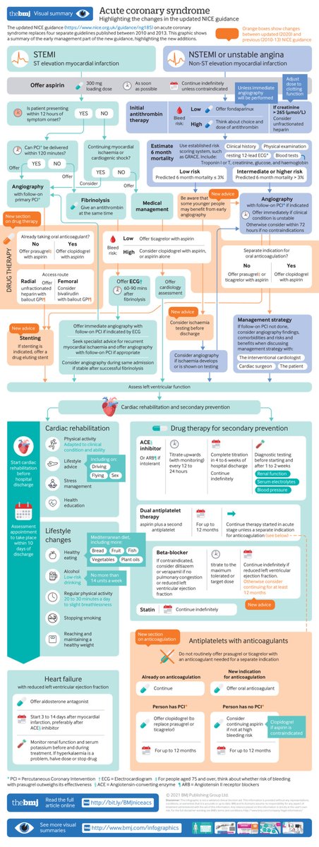 bmj_latest's tweet photo. Acute coronary syndromes are an important cause of morbidity and mortality in the UK and worldwide. What does the latest @NICEComms guidance on them recommend? An article summary and #BMJInfographic highlighting the changes in updated guidance @will_s_t 
https://t.co/FQhlTsXVx5 https://t.co/FU6zACyooS