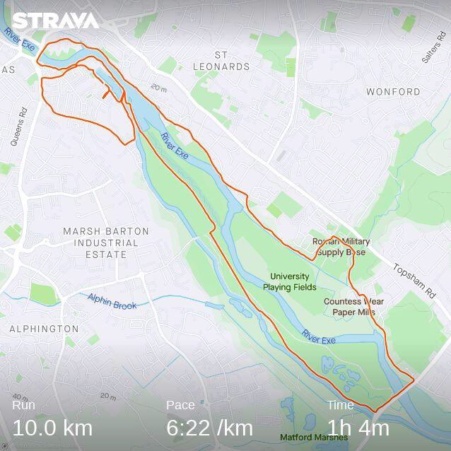 ExeterHalf's tweet image. Today’s 10k , took the weeks total to 43k , pleaded with that , just need to keep that going for the next 3 weeks. ⁦@PeterFerlie⁩ ⁦@ExeterCCT⁩ #exeter #local #running #ExeterHalf