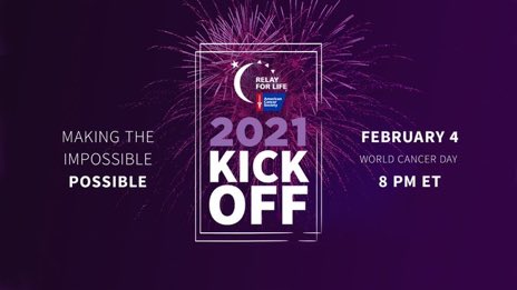 RelayWhite's tweet image. Mark your calendars! On February 4th, we’re coming together as a community for the 2021 Relay For Life Kickoff! This nationwide virtual event will feature speakers, stories, and plenty of inspiration to jumpstart your new year of fundraising. Join us! bit.ly/Relay2021Kicko…