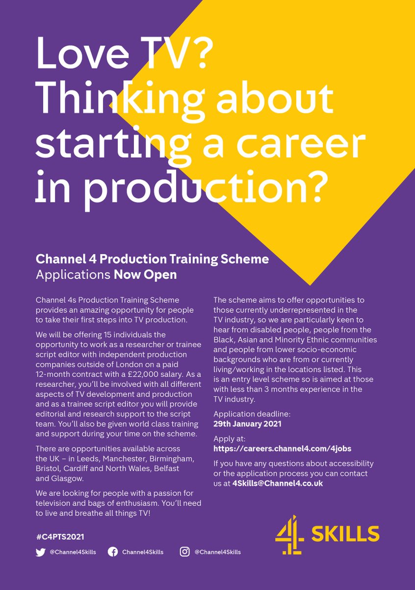 thinkbigger_org's tweet photo. Channel 4's brilliant Production Training Scheme is encouraging applications from those underrepresented in television. If you are from a Black, Asian or minority ethnic background; disabled or from a lower socioeconomic group &amp; love telly please apply: https://t.co/NNyc04mjwt https://t.co/EjC9zmLiyb