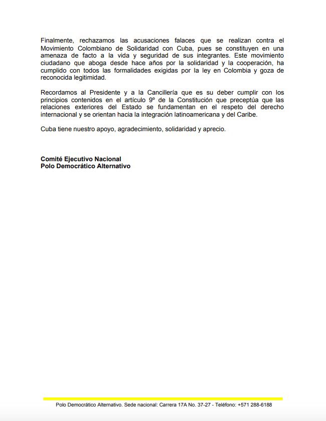 IvanCepedaCast's tweet photo. Declaración del @PoloDemocratico sobre el montaje para destruir relaciones con Cuba: “Recordamos al Presidente y a la Cancillería que es su deber cumplir con los principios de respeto del derecho internacional y orientar la política exterior hacia la integración latinoamericana”. https://t.co/cdDipx2abf
