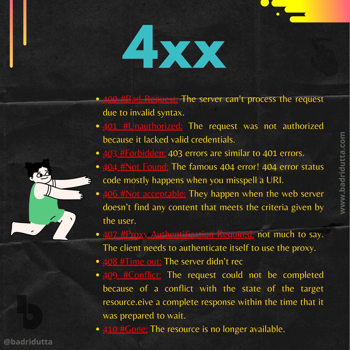 badridutta's tweet image. There are 5 categories of HTTP response status codes. They are made of three numbers. The first number defines their category...#webdesign #httpstatuscode #graphicdesign #websitelaunch #badridutta #webdevelopment #webdesigner #branding #digitalpotli #httpstatus #webserver