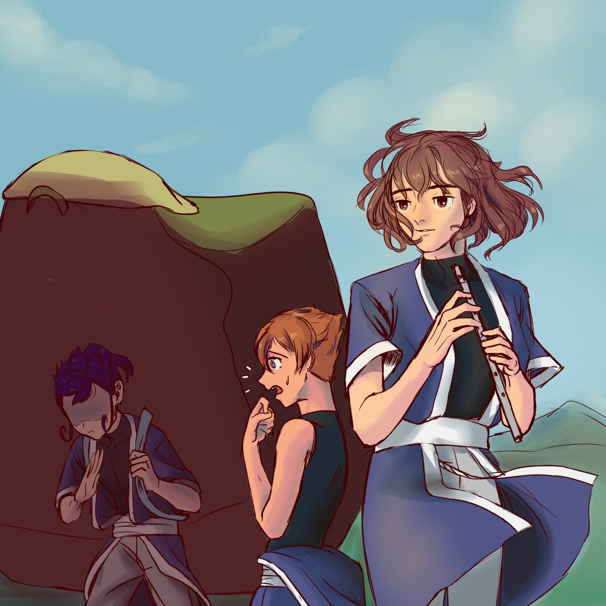 #ina11fantasyweek day 7 poets&amp;music/free promt
takuto, tenma, kyousuke as musicians

yeah, tsurugi has grand piano in his backpack, we need some pack of jokes about shindou and piano