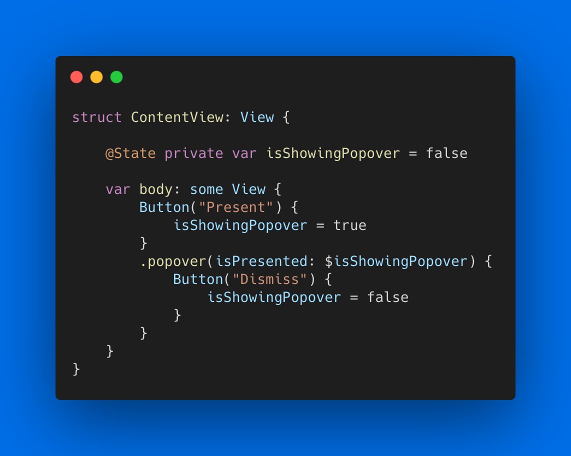 swiftuibugs's tweet image. The popover modifier presents a buggy behavior when dismissing using drag gesture. 
iOS version: 14.3
#SwiftUI