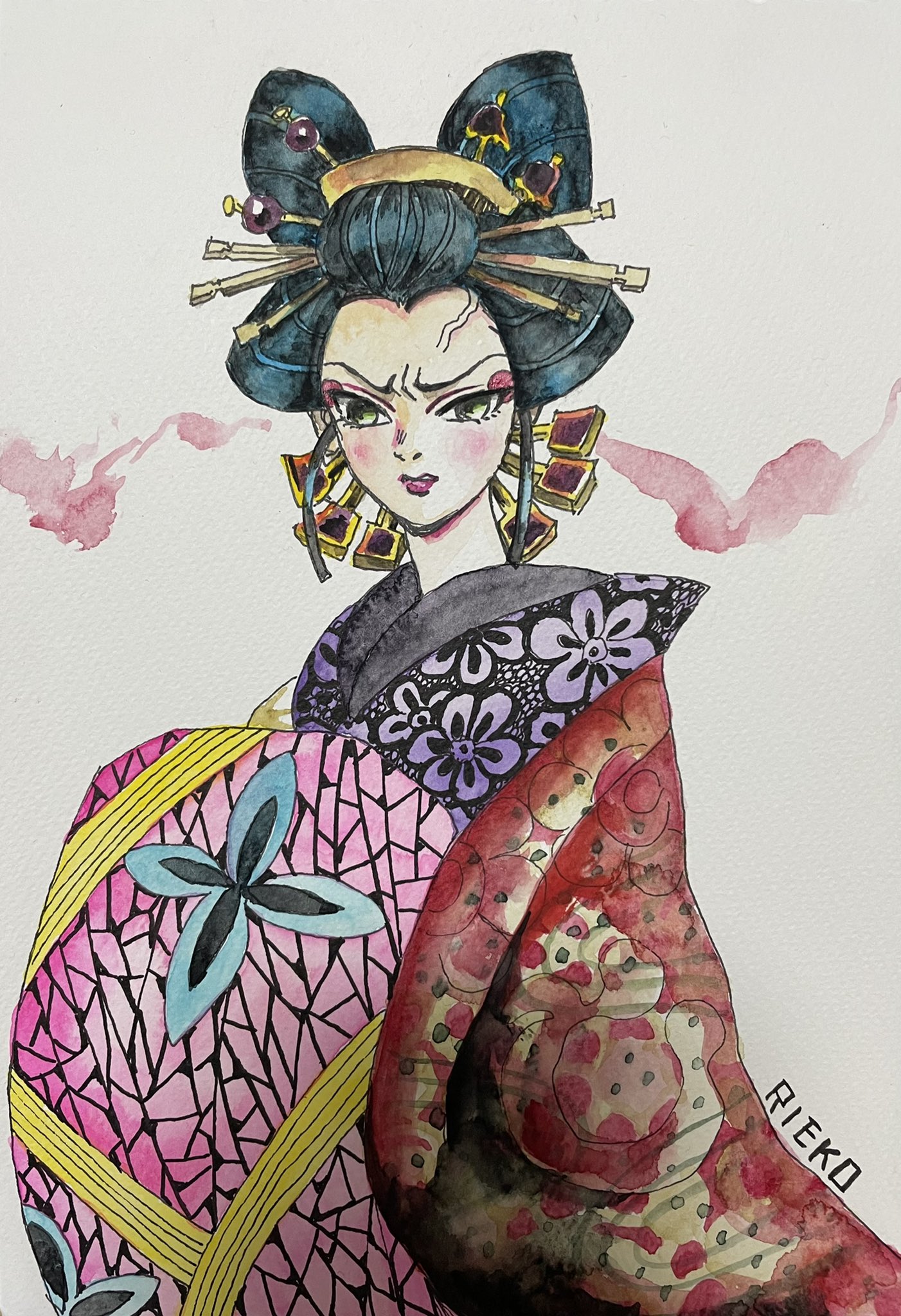 リエ U郭編ｶｳﾝﾄﾀﾞｳﾝ V Twitter 蕨姫花魁を描きました 帯の色しかわからなかったので着物の色は適当 というか花魁が着る華やかな 着物柄なんて描けません というわけで先週末から同時進行で描いていた4枚は遊郭潜入編からでした 第2期の発表待ってます 鬼滅の刃