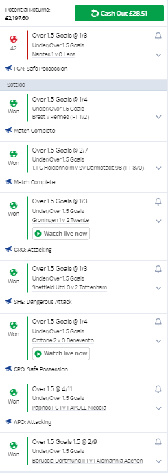 Goals are flying in for the 200/1 acca 

Brest v Rennes (FT 1v2)✔️
FC Heidenheim v SV Darmstadt 98 (FT 3v0)✔️
Groningen 1 v 2 Twente✔️
Sheffield Utd 0 v 2 Tottenham✔️
Crotone 2 v 0 Benevento✔️
Paphos FC 1 v 1 APOEL Nicosia✔️
Borussia Dortmund II 1 v 1 Alemannia Aachen✔️