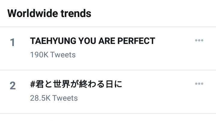 BTSVChartData's tweet photo. TAEHYUNG YOU ARE PERFECT is now trending at #1 Worldwide! 💜 https://t.co/Ec2OgoVvNL