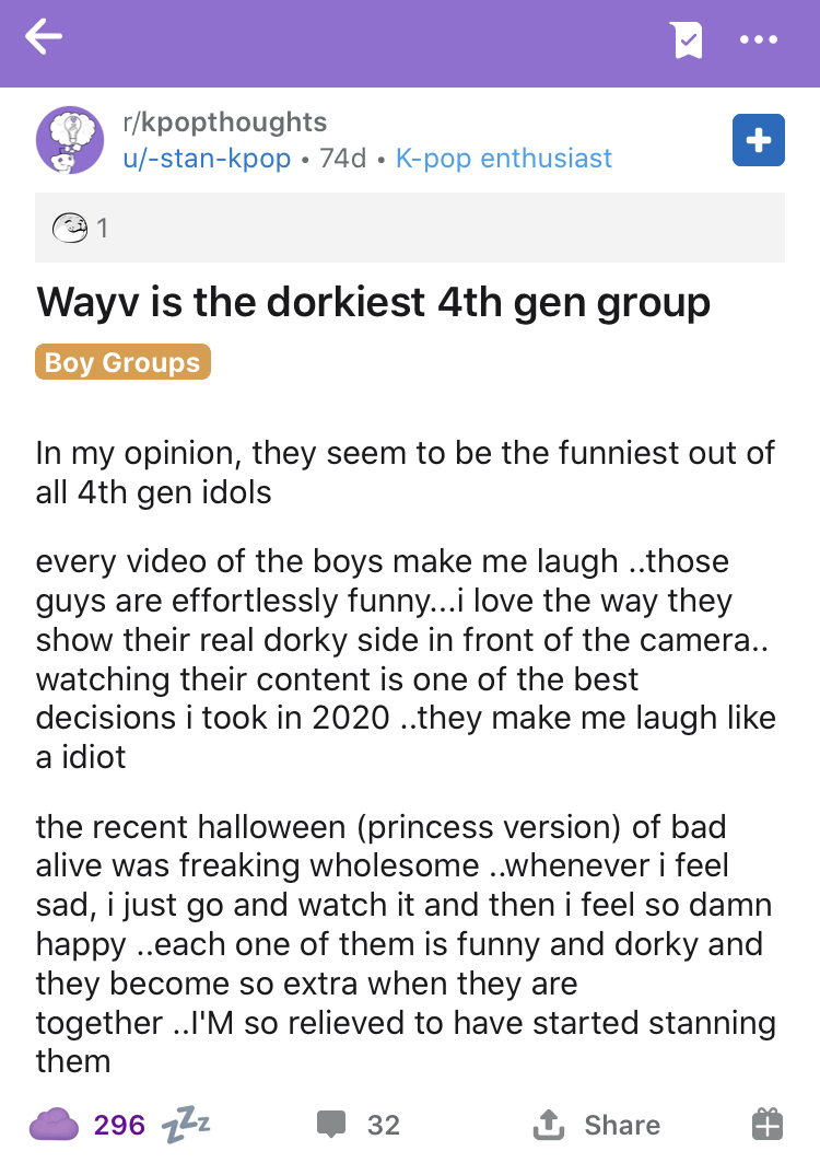 :  https://www.reddit.com/r/kpopthoughts/comments/jnp8kb/wayv_is_the_dorkiest_4th_gen_group/