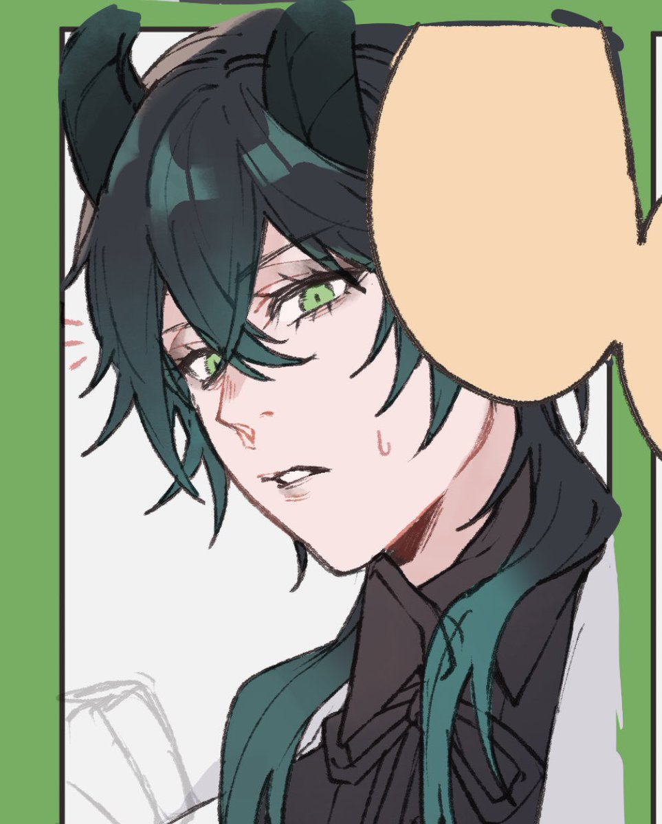 horns green eyes 1boy male focus solo green hair looking at viewer  illustration images