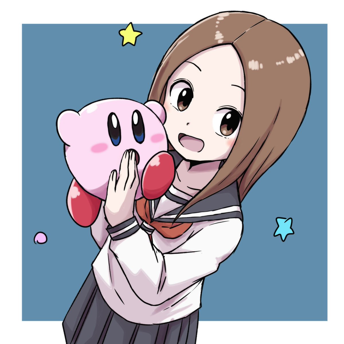 kirby ,takagi-san 1girl school uniform brown hair brown eyes skirt crossover open mouth  illustration images