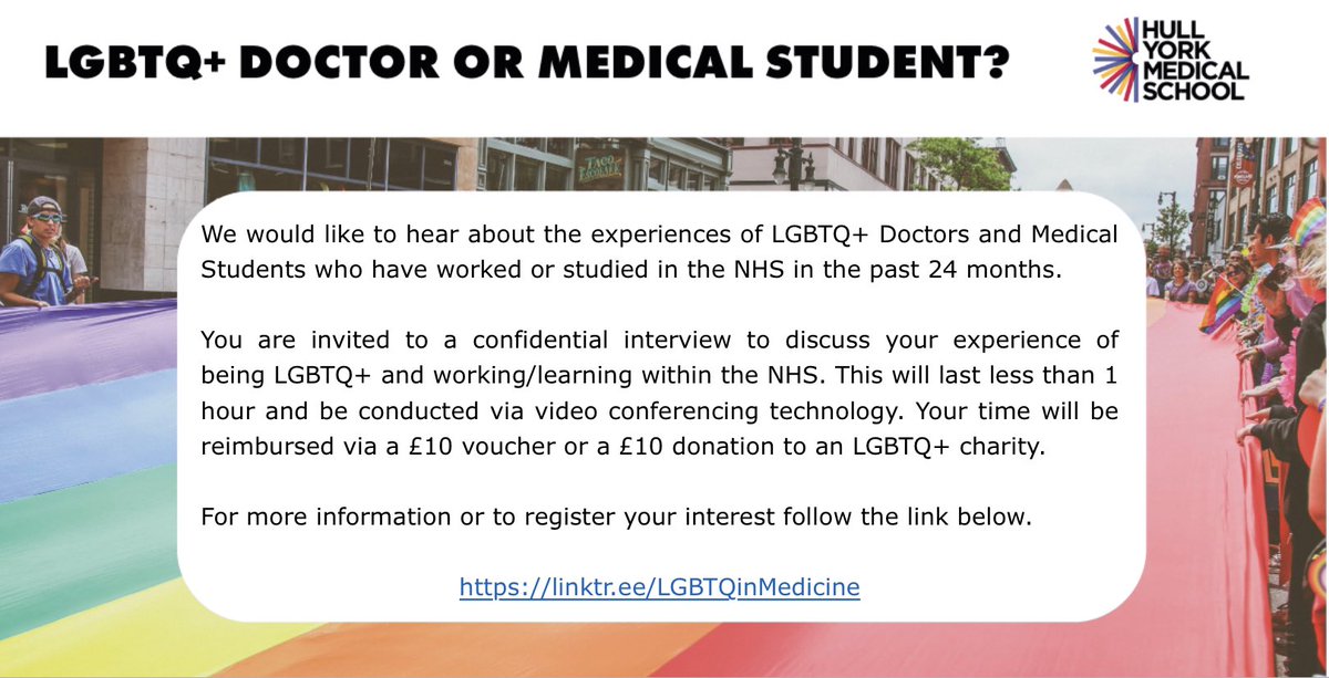 Lewis Warnock (@lewiswarnock3) on Twitter photo Hello Twitter! I wondered if youโd help share my project?
If youโre LGBTQ+ and a Doctor or Medical Student who has recent experience of the NHS weโd love to hear from you!
linktr.ee/LGBTQinMedicine
#LGBTQ #MedTwitter #MedEd #HPE #AcademicTwitter Hello Twitter! I wondered if youโd help share my project?
If youโre LGBTQ+ and a Doctor or Medical Student who has recent experience of the NHS weโd love to hear from you!
linktr.ee/LGBTQinMedicine
#LGBTQ #MedTwitter #MedEd #HPE #AcademicTwitter