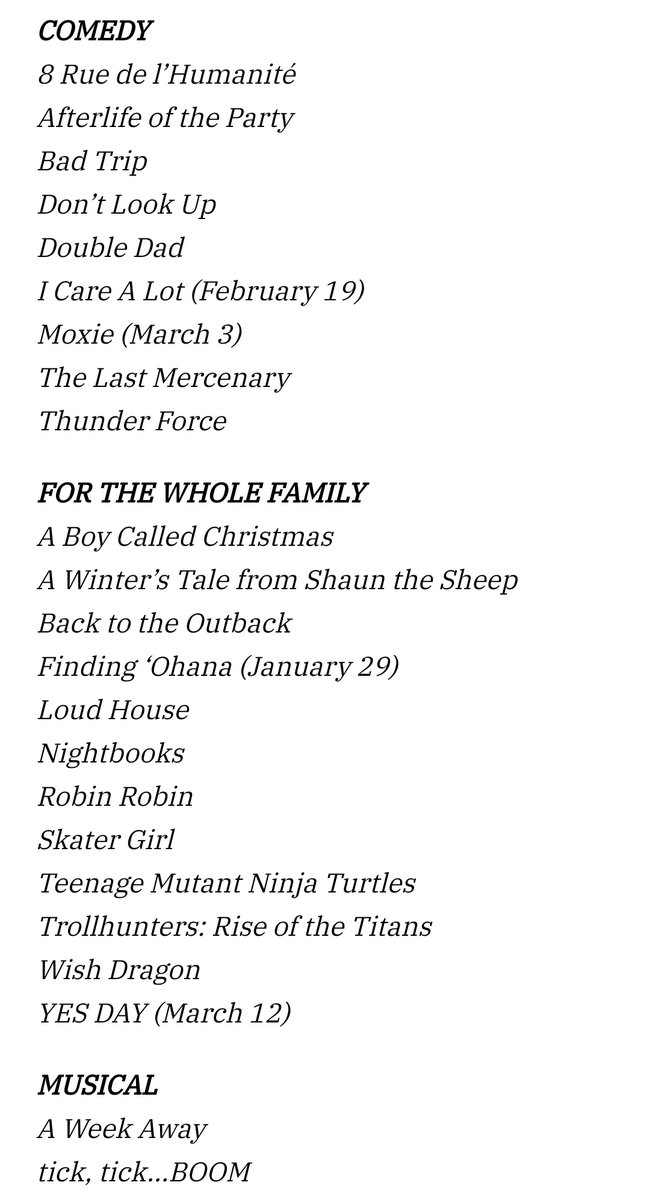 Aquí tenéis la lista al completo de todas las películas que Netflix estrenará en exclusiva este 2021. Entre ellas destacan Malcolm &amp; Marie, The Woman in the Window, The Dig, Stowaway, Munich, Escape from Spiderhead, Night Teeth, Fear Street Trilogy o Army Of The Dead.
