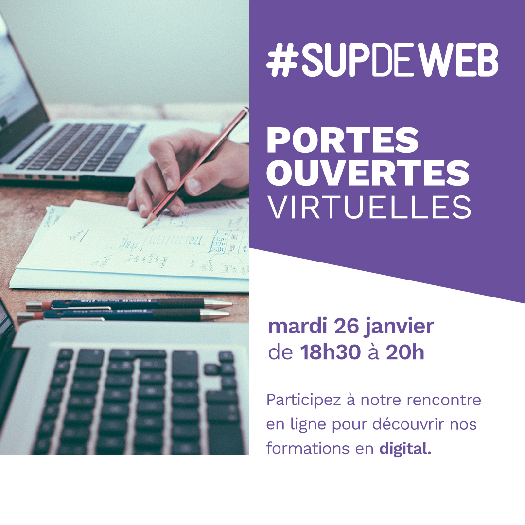 La journée portes ouvertes de #SUPDEWEB Paris est l’occasion de vous faire une idée de votre future école web / digital.
Retrouvez nous Mardi 26 janvier 2021 De 18h30 à 20h
inscription : supdeweb.com/portes-ouverte…