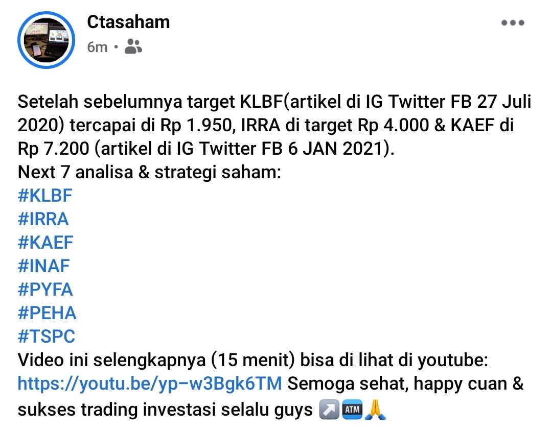 andri_zakarias's tweet photo. 7 analisa & strategi saham:
#KLBF
#IRRA
#KAEF
#INAF
#PYFA
#PEHA
#TSPC
Video ini selengkapnya (15 menit) bisa di lihat di youtube: https://t.co/fytd6BygMA
#ctasaham
#chartctasaham
#saham
#idx
#indonesiastockexchange
#tradingview
#tradingsaham
#investasisaham
#analisateknikal https://t.co/GB6omZ5wpU