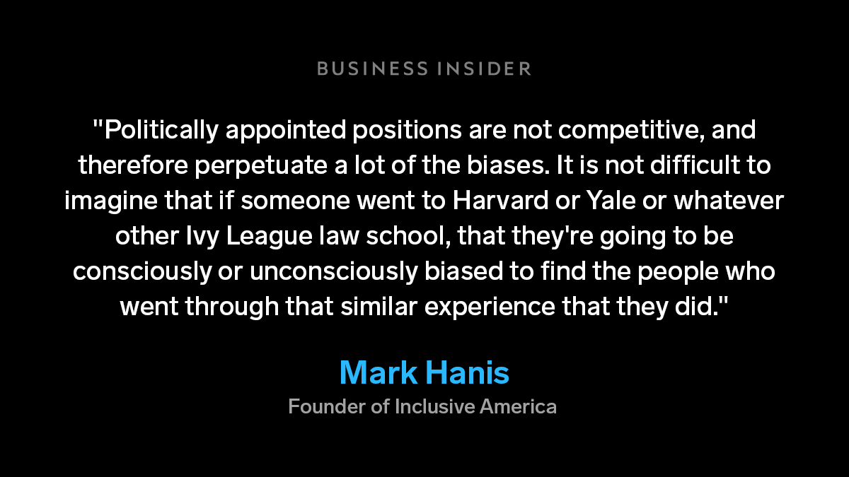 An overrepresentation of Ivy League degrees is problematic for a number of reasons, says  @MarkHanis. "There's biases of both self-selection and how those institutions admit people," Hanis said, adding:  https://bit.ly/3bOEY46 