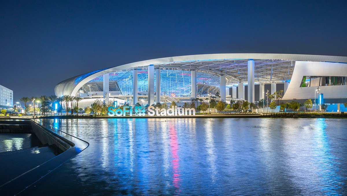 4)SoFi Stadium:- Opened Sept '20 in Inglewood, CA- Home to two NFL teams Rams and Chargers- Hosting 2022 Super Bowl- Hosting WrestleMania in 2023- Hosting CFB Title Game 2023- Opening and closing ceremonies of 2028 LA Olympic GamesInsane future branding opportunities!