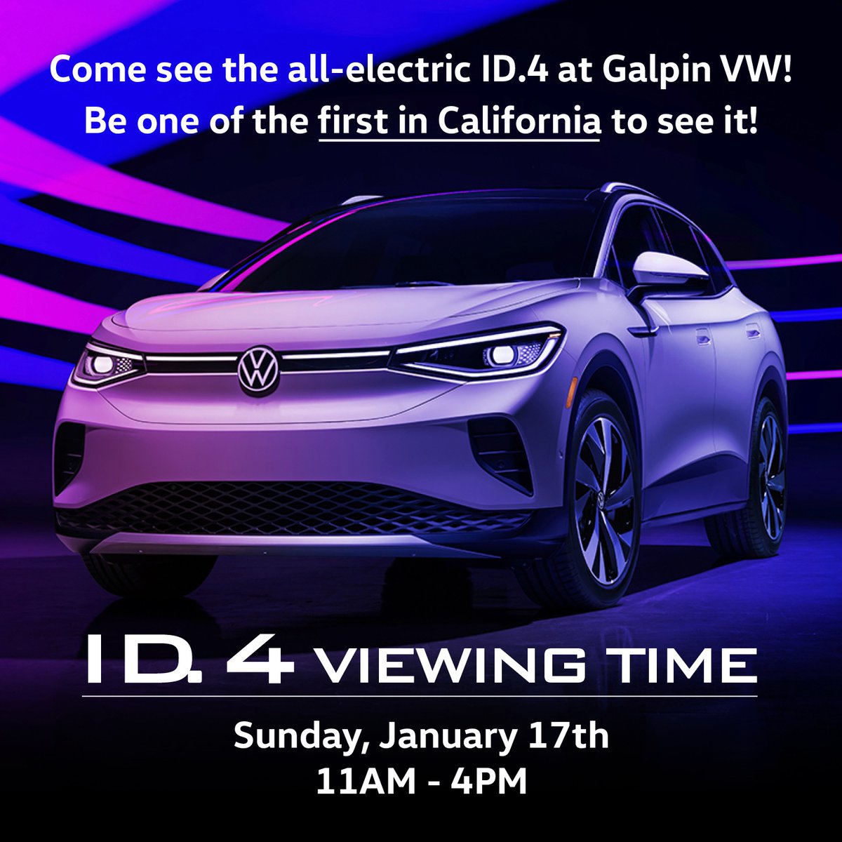 LAST DAY TO SEE THE VW ID.4! Don't miss your chance to be one of the first in California to view the all-new, 2021 Volkswagen ID.4 here in our <a href="/GalpinVW/">Galpin Volkswagen</a> showroom TODAY from 11am-4pm! ⁠
⁠
Galpin VW Viewing Hours:⁠
Sun: 11am-4pm⁠
⁠⠀
