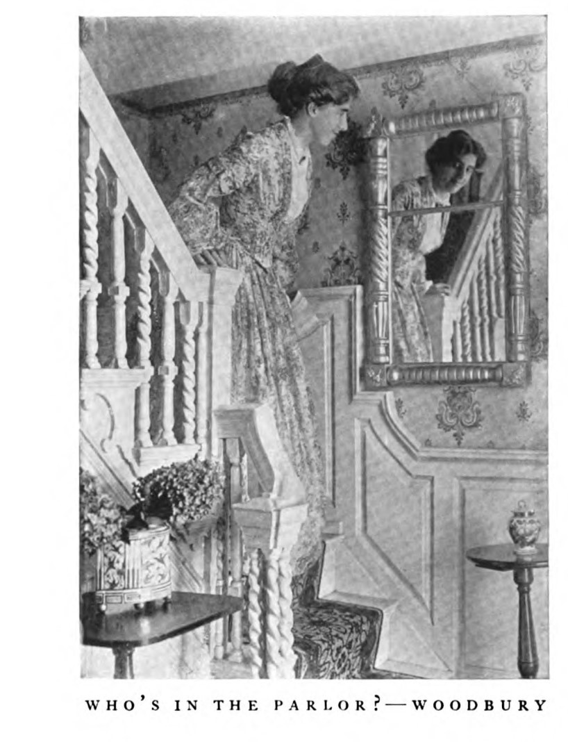 StilesHouse's tweet photo. The first picture (hand-tinted) entitled “A Glance in Passing” is dated 1908.  The second picture (dated the near the same time) entitled “Who’s in the Parlor?” was published in Nutting’s “Connecticut Beautiful” (1935).  The last picture is the foyer today. https://t.co/pkhEy2WZXX