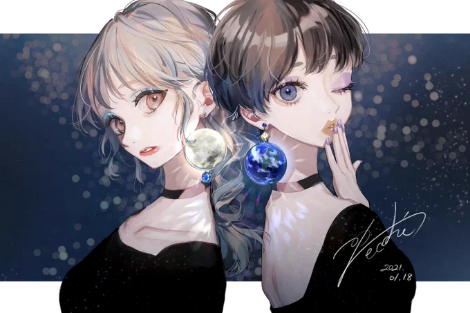 月と地球のピアスでオリジナル女の子～! 