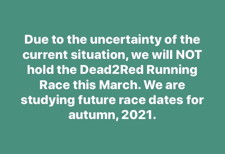 ARR_D2R's tweet photo. The #Dead2Red Running Race is postponed & will be rescheduled for a future date in 2021. We are as heartbroken as you & hope you understand. When we feel comfortable & the climate permits, we will announce this year’s race date. 😞🙏🏃♀️🏃💪 https://t.co/IqPGlNWqRd