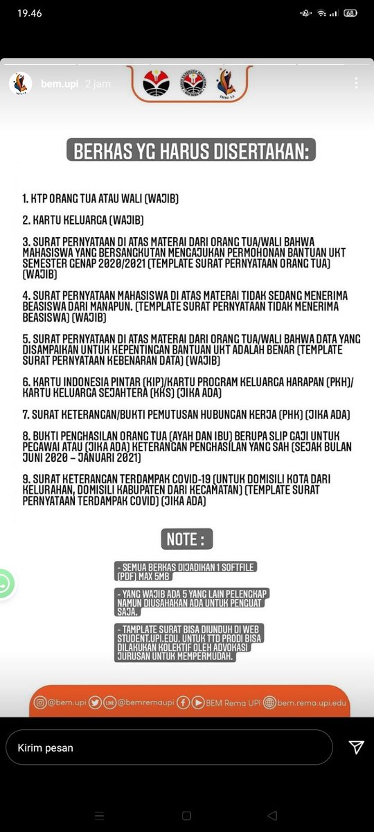 Hallo temen2 kewirausahaan upi yang ikut penangguhan, pendaftaran sudah dimulai tgl 17-20 Januari 2021 ya. Di bawah ini persyaratan yang harus teman2 sertakan saat pendaftaran. Untuk ttd kaprodi suket sedang tidak menerima beasiswa akan diinfokan lebih lanjut yaa
