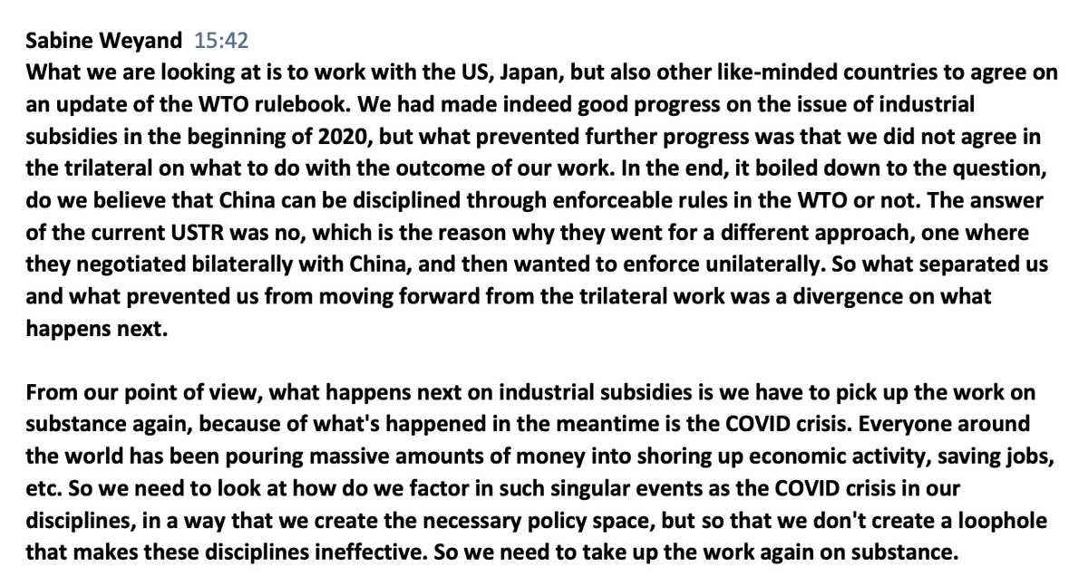 Progress on the trilateral discussions stalled a year ago because of disagreement over what to do next with agreed rules on subsidies etc.