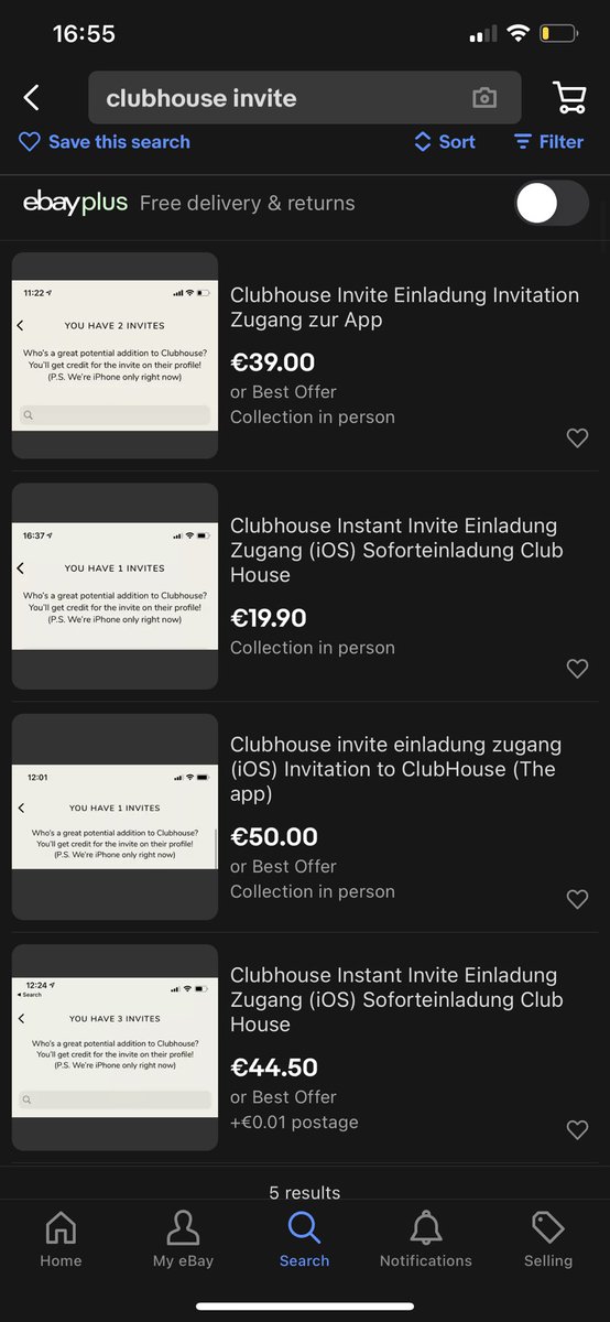 JonasHuether's tweet photo. @pip_net einfach Clubhouse Invites bei Ebay verkaufen scheint auch ein Geschäftsmodell zu sein https://t.co/yGbNOLJKQZ
