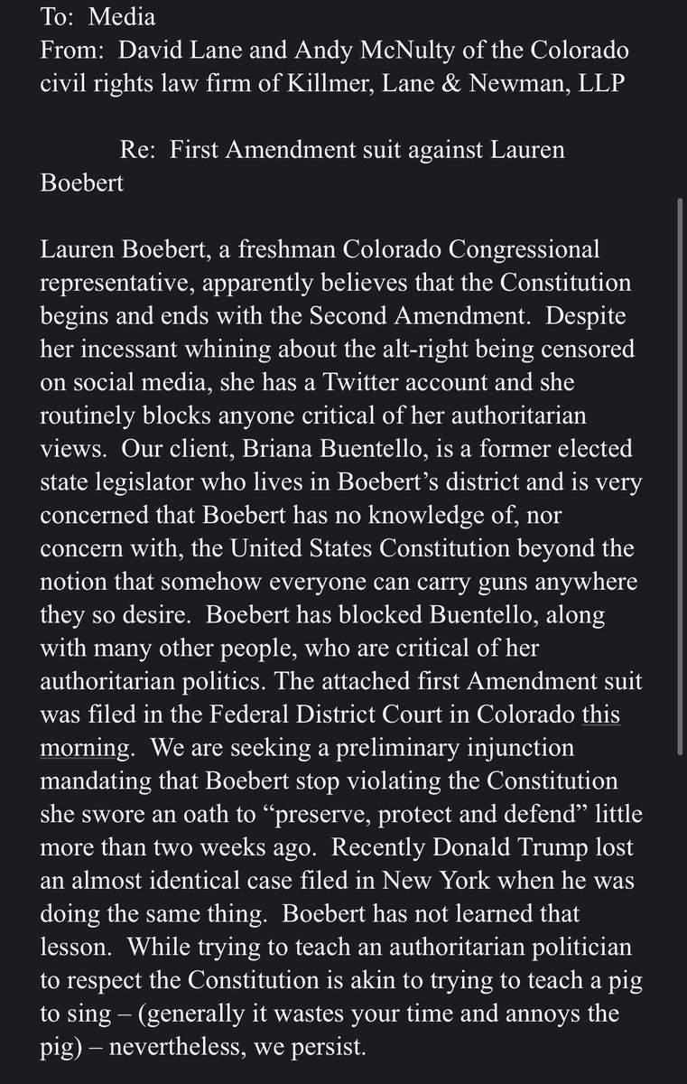 NEW: Denver attorney David Lane announces lawsuit against <a href="/laurenboebert/">Lauren Boebert</a>/<a href="/RepBoebert/">Rep. Lauren Boebert</a> for blocking his client, Briana Buentello, on Twitter. Cites a First Amendment violation. #9NEWS